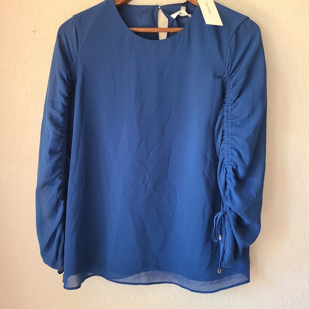 Calvin Klein Cobalt Blue Long Sleeve Ruched-Sleeve Blouse